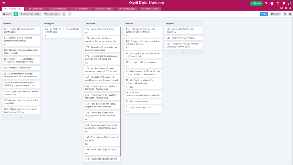 kanban view to track task and project status