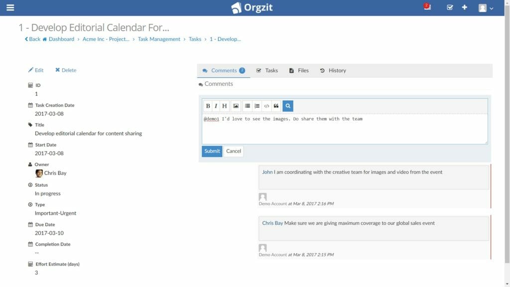 Orgzit task management commenting